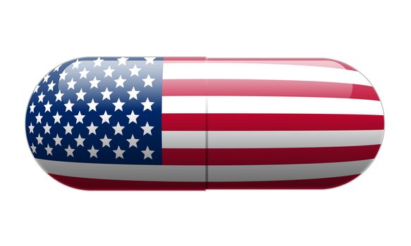 Pill wrapped in a United States Flag, illustration.