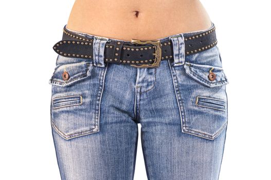 Close up of a beautiful woman wearing jeans and studded leather belt isolated on a white background