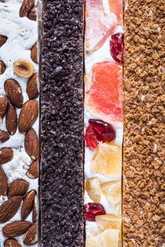 Traditional italian nougat bars, overhead, food background