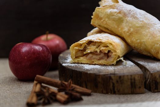 Apple strudel on wooden end of a tree with apples, cinnamon and star anise