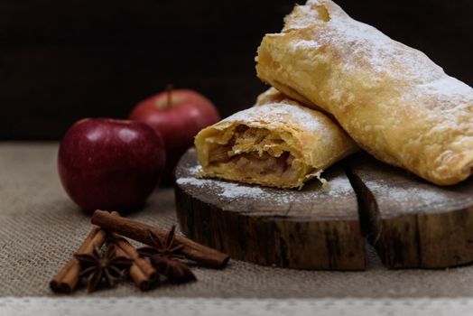 Apple strudel on wooden end of a tree with apples, cinnamon and star anise