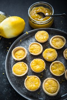 Portugese mini lemon custard tarts, with lemon curd and fresh fruit