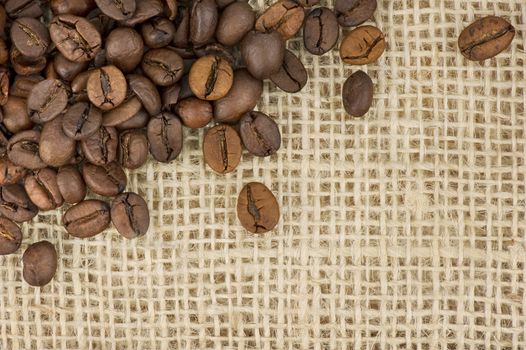 Closeup of coffee beans on begging