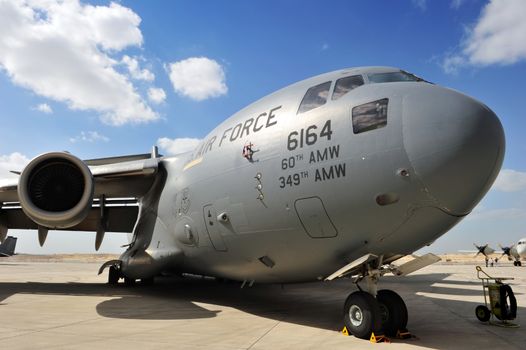 SAKHIR, KINGDOM OF BAHRAIN – JANUARY 21: A U.S. Air Force Boeing C-17 Globemaster III T-1 at Sakhir Airbase, during the 2nd Bahrain International Airshow 19-21 Jan 2012 in Bahrain.