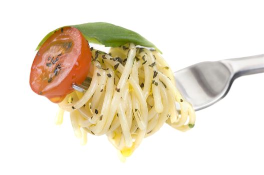 Spagetti with tomato and basil on fork, white background
