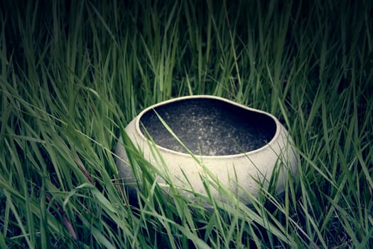 empty cauldron on the grass on the Halloween.