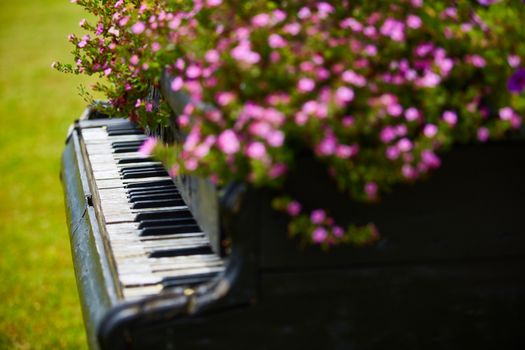 The old wooden piano decorated with flowers.