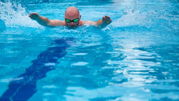 Athletic swimmer training in a swimming pool.