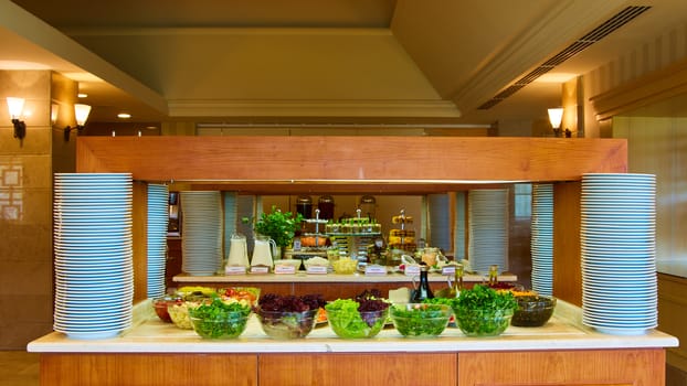 Selection of salads at a buffet bar in a luxury hotel restaurant.