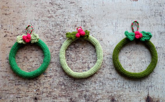 Diy Christmas wreath for decoration the door on Xmas holiday, a traditional festive in winter,  knit in round to make wreaths for christmas decoration