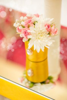 Close-up of a wedding table decoration with flowers