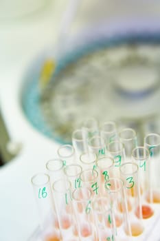 A pipette dropping sample into a test tube,abstract science background. Shallow dof