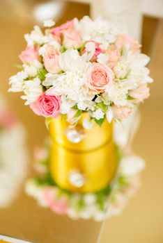 Close-up of a wedding table decoration with flowers