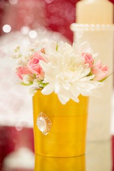 Close-up of a wedding table decoration with flowers