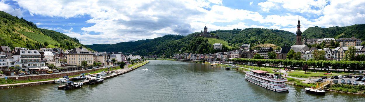 Cochem, Germany - July 17 2016: Panorama of Mosel river and Cochem city in Germany