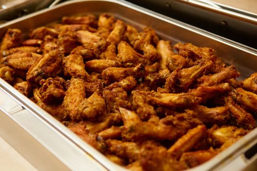 buffet style food in trays. Top view