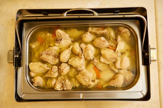 Pieces of boiled chicken breast. Top view