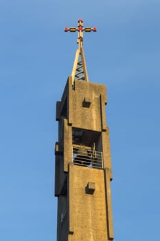 Church Steeple on Church in Umea, Sweden with a clear blue sky.