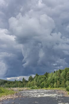 River with Forest and Cloudy Sky.