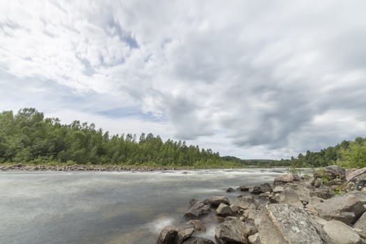 River with Forest and Cloudy Sky.
