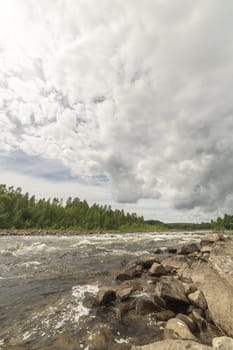 River with Forest and Cloudy Sky.