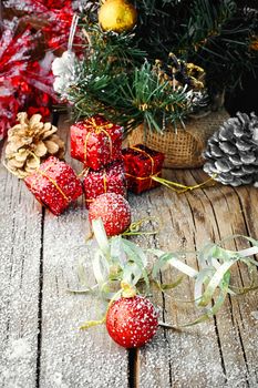 Boxes with Christmas gifts,fir tree and pine cone