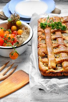 Baked according to a traditional recipe rustic meat pie