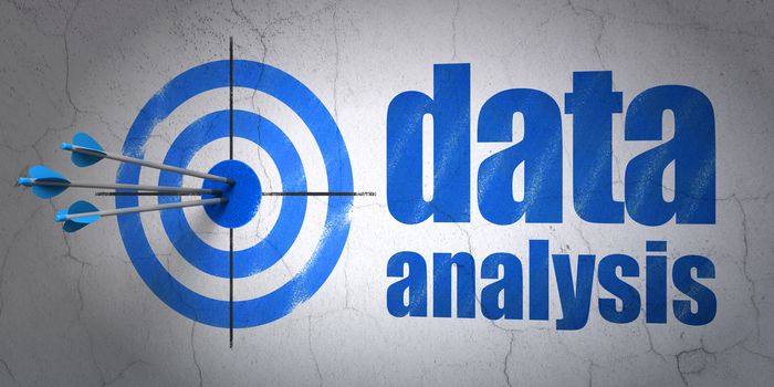 Success Data concept: arrows hitting the center of target, Blue Data Analysis on wall background, 3D rendering