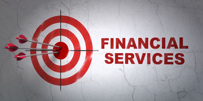 Success currency concept: arrows hitting the center of target, Red Financial Services on wall background, 3D rendering