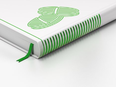 Medicine concept: closed book with Green Pills icon on floor, white background, 3D rendering