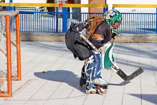 PULA, CROATIA - NOVEMBER 28, 2015 : Street hockey goalie, participant of JHL league in action