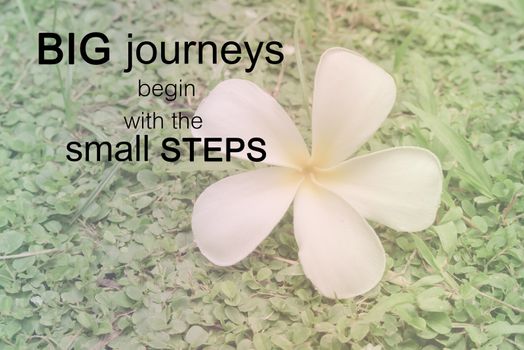 Word  Big journeys begin with the small steps.Inspirational motivational quote on white plumeria on the ground - Vintage Filter Effect