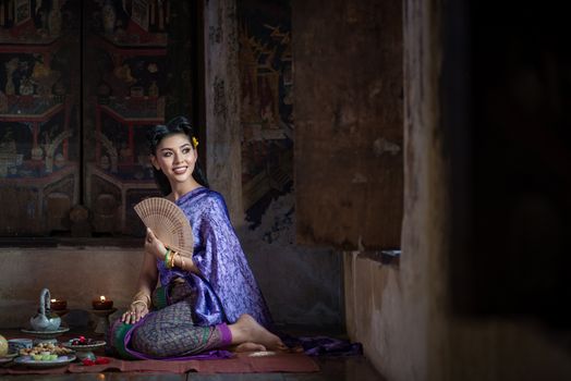 Beautiful Thai girl in Thai traditional costume. Ayuttaya style. ,identity culture of Thailand,Thai girl,Happy asian woman