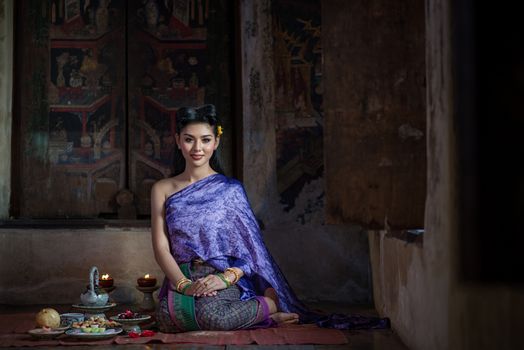Beautiful Thai girl in Thai traditional costume. Ayuttaya style. ,identity culture of Thailand,Thai girl,Happy asian woman