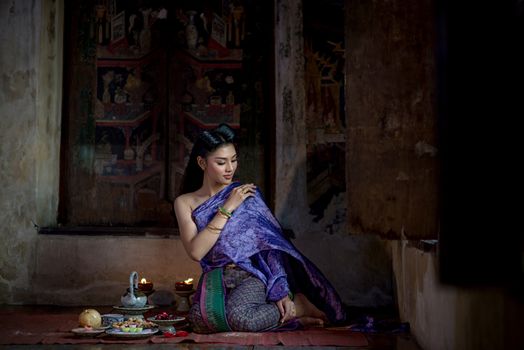 Beautiful Thai girl in Thai traditional costume. Ayuttaya style. ,identity culture of Thailand,Thai girl,Happy asian woman