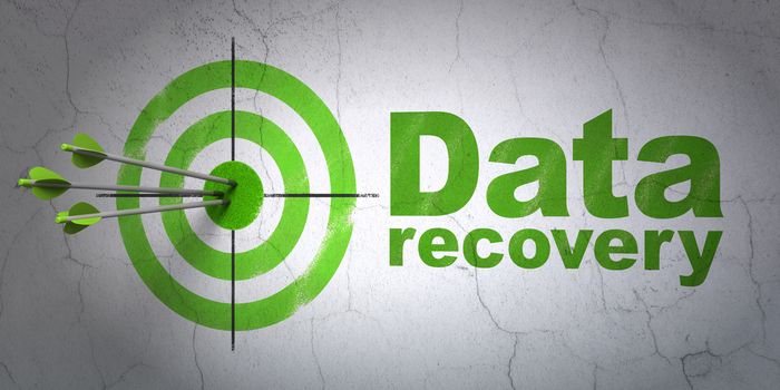 Success Information concept: arrows hitting the center of target, Green Data Recovery on wall background, 3D rendering