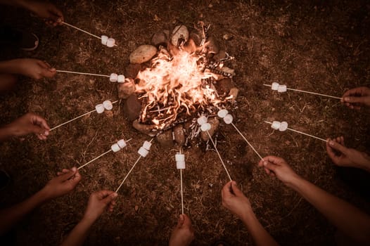 Close-up of marshmallows roasting in campfire in forest