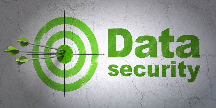 Success safety concept: arrows hitting the center of target, Green Data Security on wall background, 3D rendering