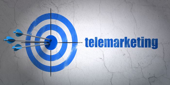 Success marketing concept: arrows hitting the center of target, Blue Telemarketing on wall background, 3D rendering