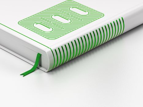 Healthcare concept: closed book with Green Pills Blister icon on floor, white background, 3D rendering