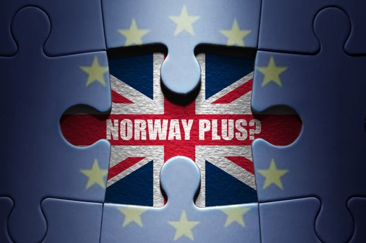 Missing piece from a European jigsaw puzzle revealing the British flag and norway plus question