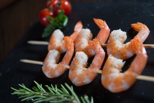 Prawn skewers with thyme and Tomatoes, studio shoot