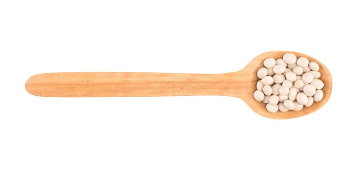 Close up of dry white beans on wooden spoon on white background