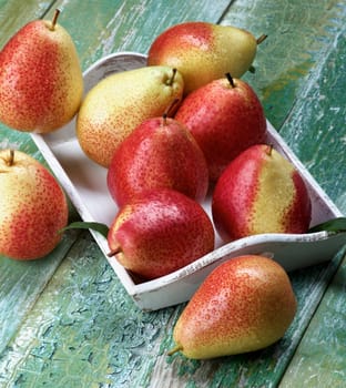 Arrangement of Ripe Yellow and Red Pears with Leafs in White Wooden Tray closeup on Cracked Wooden background