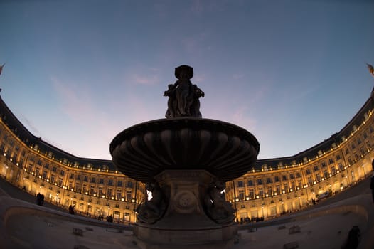 Bordeaux, France, Illuminated Reflection In Water At Place De La Bourse Against Sky