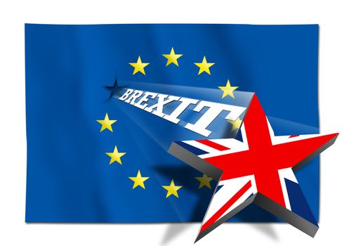 Brexit - Star with United Kingdom flag flying over the flag of the European Union. Illustration