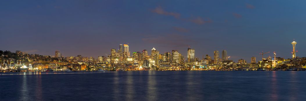 Seattle Washington City Skyline by Lake Union during evening panorama