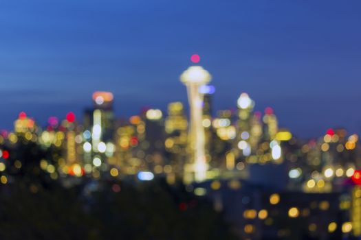 Seattle Washington city skyline evening blue hour defocused blurred bokeh