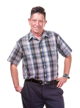 Smiling Confident Transgender Man in plaid shirt on White Background