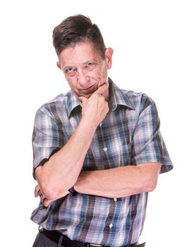 Thoughtful Transgender Man with folded arms on White Background